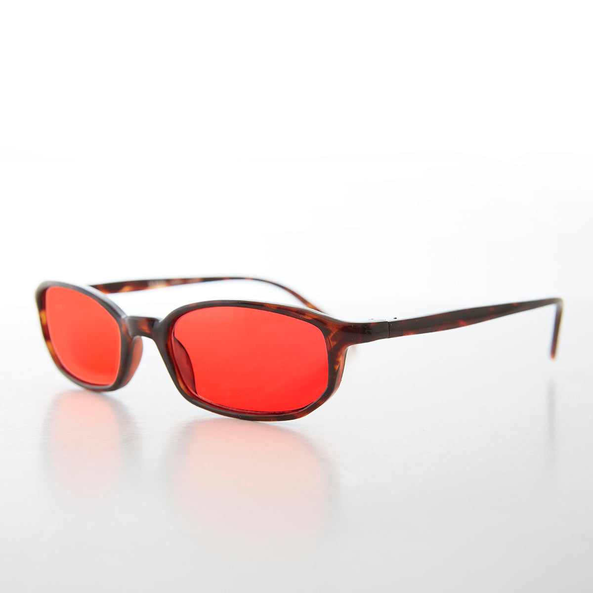 small rectangle sunglasses with red lenses