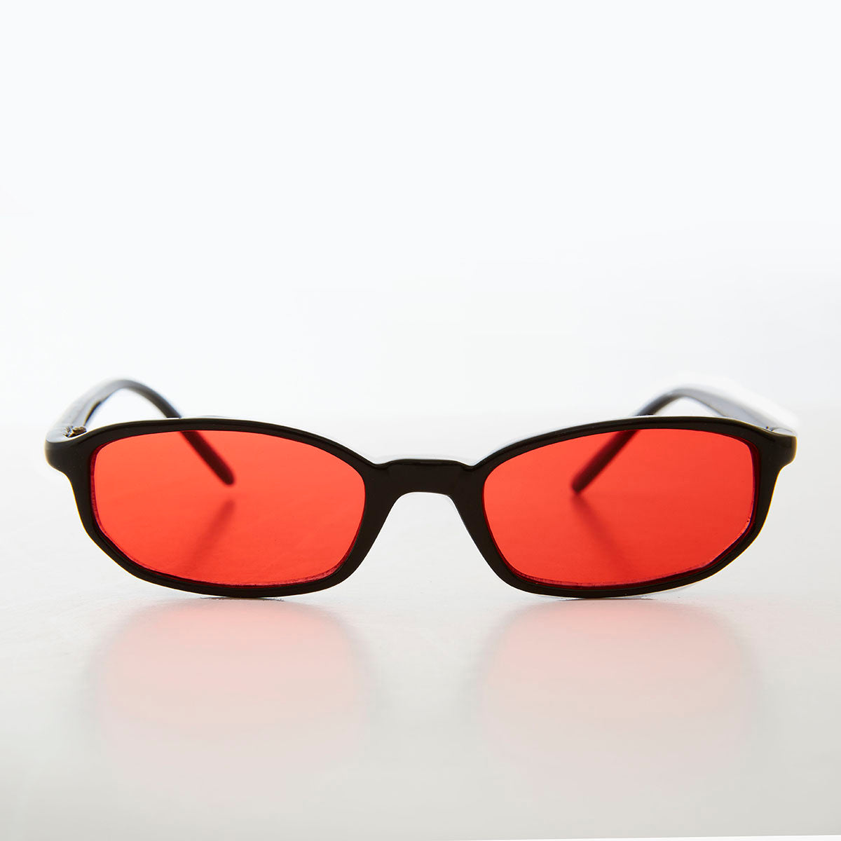 small black frame rectangle sunglasses with red lenses