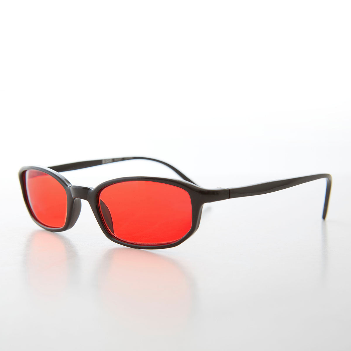 small black frame rectangle sunglasses with red lenses