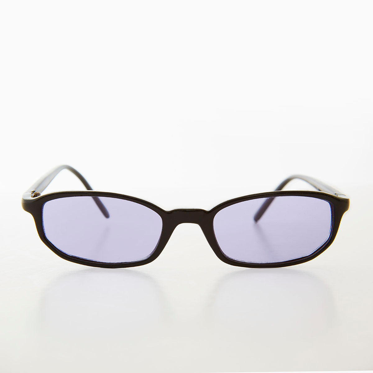 small rectangle black frame sunglasses with purple lenses