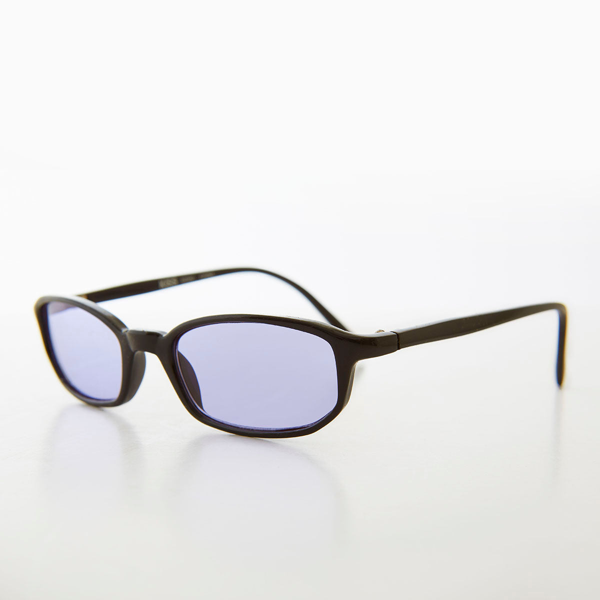 small rectangle black frame sunglasses with purple lenses