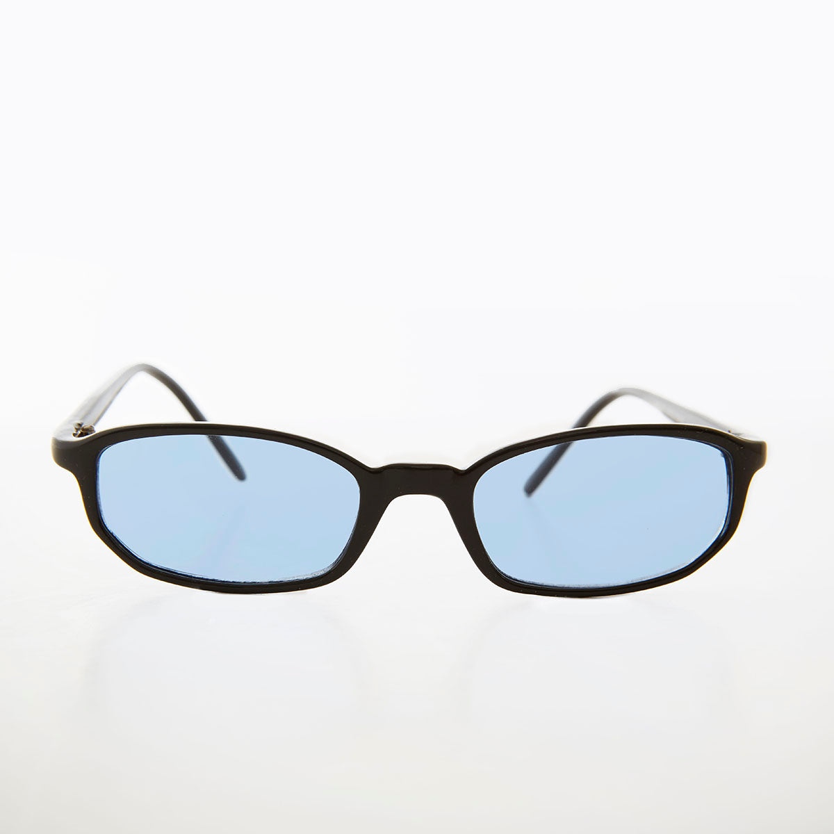 small rectangle black frame sunglasses with blue lenses