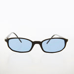 Load image into Gallery viewer, small rectangle black frame sunglasses with blue lenses
