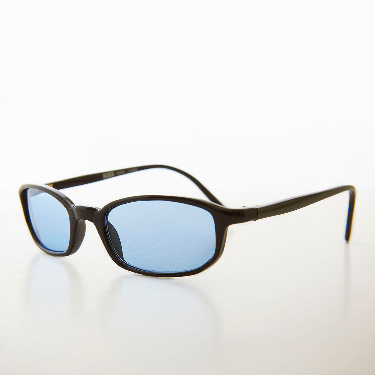 small rectangle black frame sunglasses with blue lenses