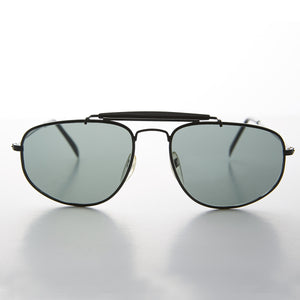 Black square vintage aviator with brow bar and glass lens