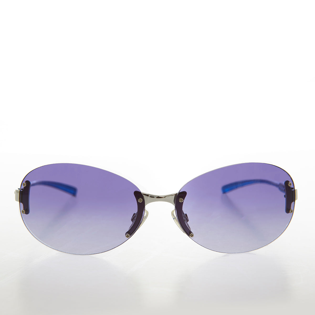 oval rimless blue lens vintage sunglasses