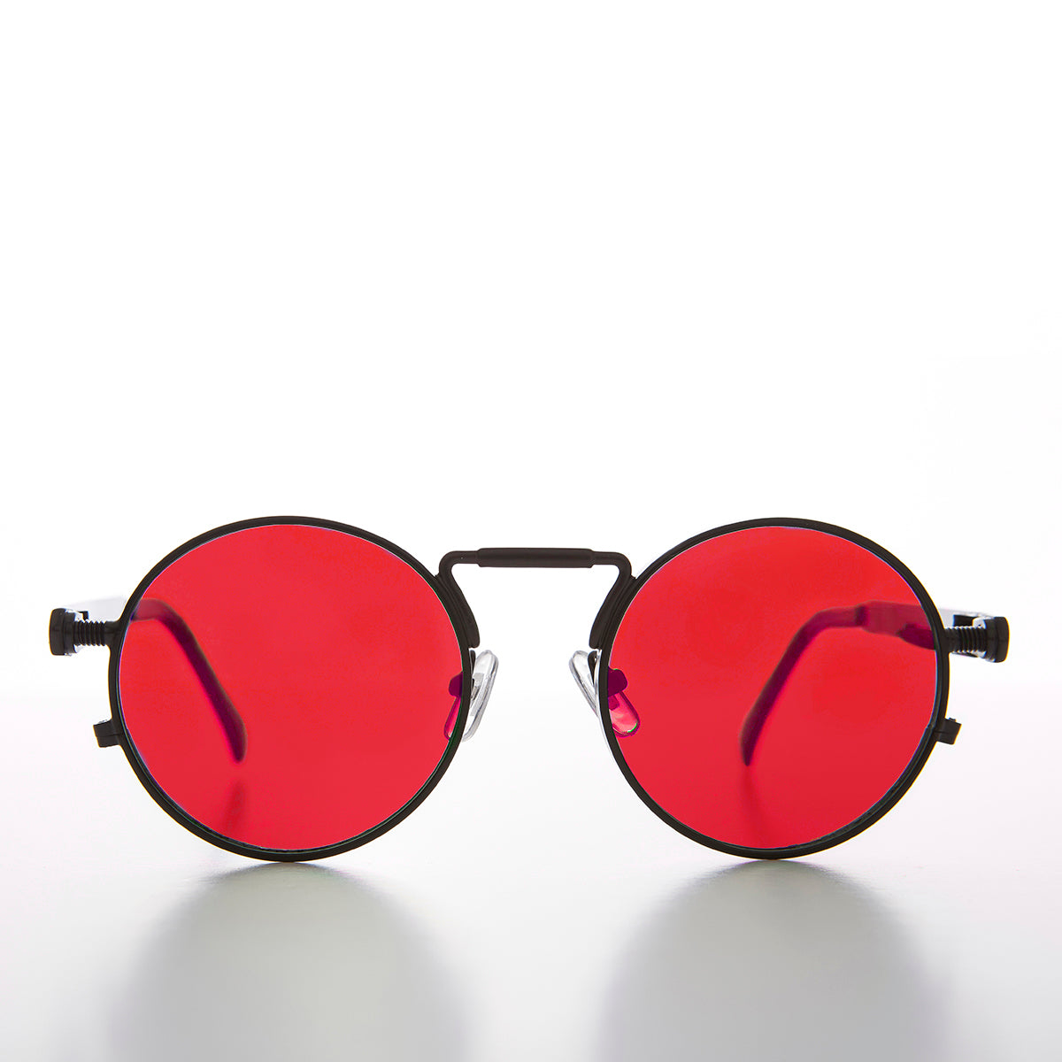 round metal steampunk sunglasses with red lens