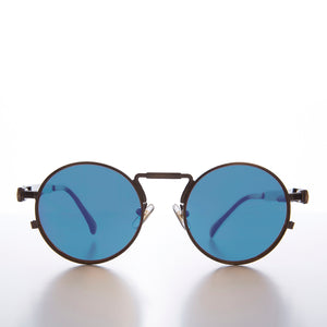 round metal steampunk sunglasses with blue lens