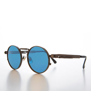 round metal steampunk sunglasses with blue lens