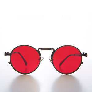 round metal steampunk sunglasses with red lens