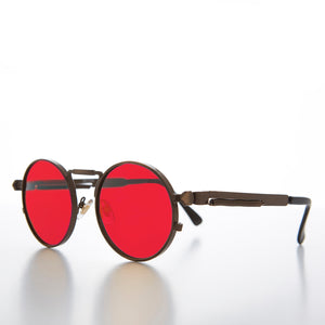 round metal steampunk sunglasses with red lens