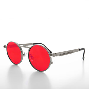 round metal steampunk sunglasses with red lens