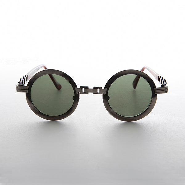 Sunglass Museum Round Vintage Sunglass with Chain Bridge - Link - Gunmetal / Green Lens