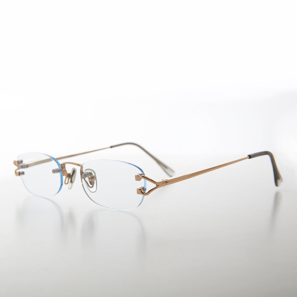 blue rimless reading glasses